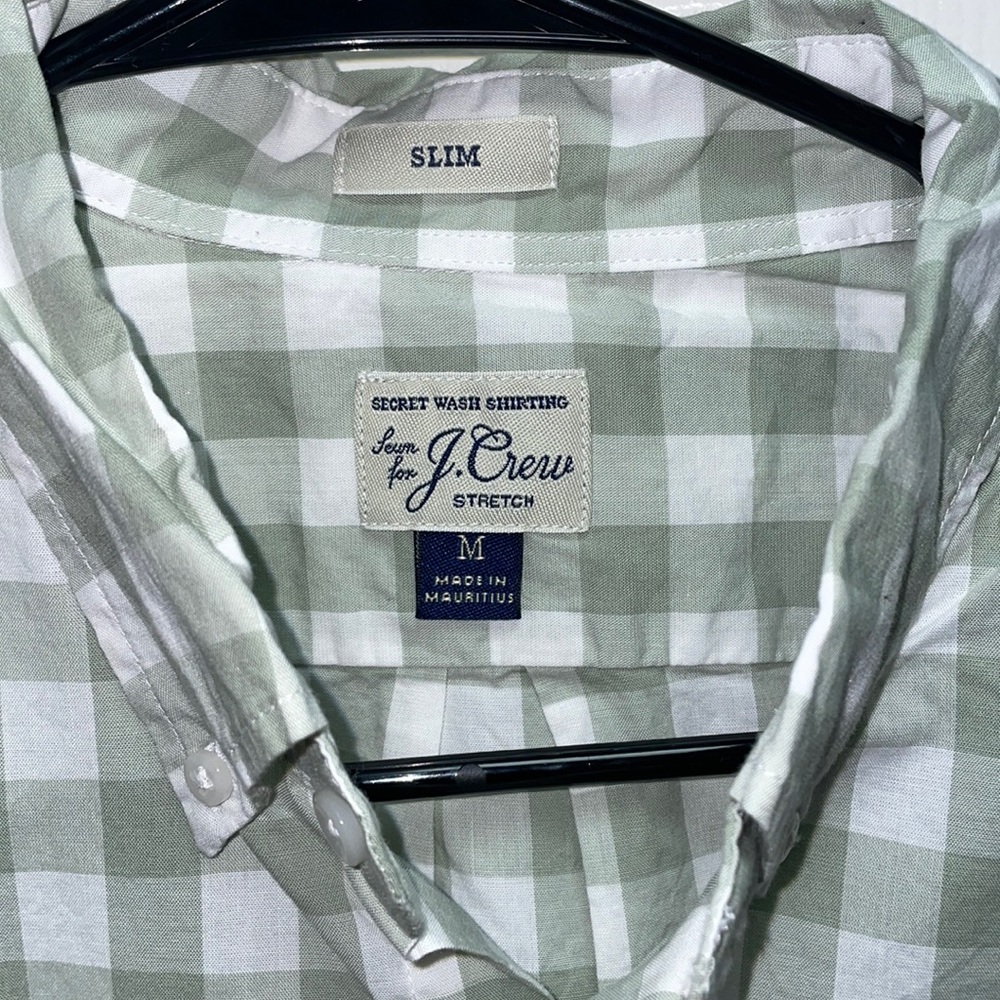 Never used Slim J crew checkered button down shirt. White and light green colors